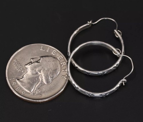 ❤️Vintage Sterling Silver - BEAU Diamond Pattern Hoop Earrings - 3g - Picture 4 of 5