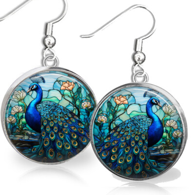 Peacock Feathers Earrings Dangle .925 Sterling Silver Faux Stained Glass Art