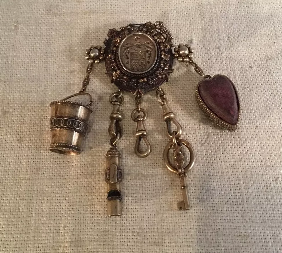 Antique Magnificent Sterling Silver Dutch Royal Seal Chatelaine Brooch Pin