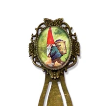 Gnome Walking in the Garden Handmade Oval Glass Metal Bookmark Book Lover3
