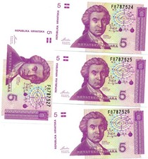 4er Konvolut - Kroatische 5er DINAR Banknoten - fortlaufende Serien-#