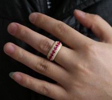 Multi-Row Red & Clear Stone Band Ring in Silver Metal, Size B 1/2