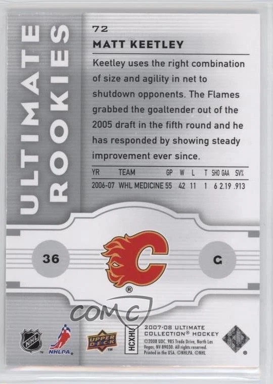 2007-08 Ultimate Collection Ultimate Rookies /499 Matt Keetley #72 Rookie RC - Image 2 of 2