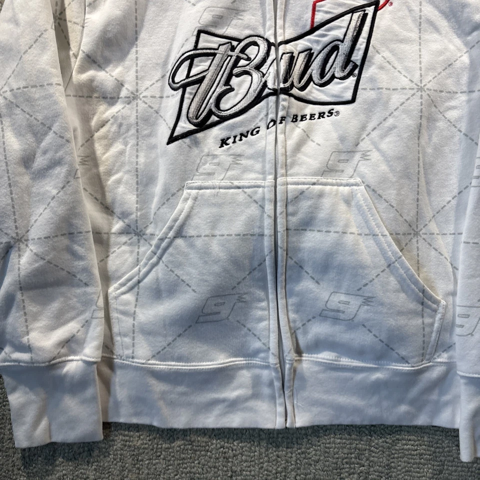 Moletom com capuz vintage Y2K NASCAR zíper completo tamanho G Budweiser branco AOP #9 anos 90 - Imagem 3 de 4