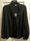 DKNY Black Tie-Neck Popover Long Sleeve Top Blouse Shirt Polyester Sz M NWT