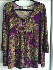 SUSAN GRAVER PURPLE MULTI FLORAL PINCH PLEAT FRONT LIQUID KNIT BLOUSE XL