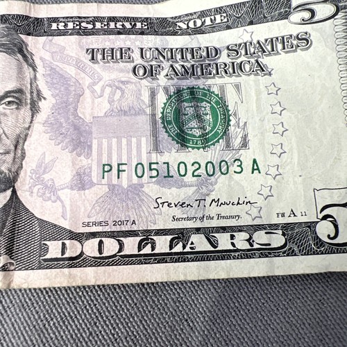 5 Dollar Bill, Birthday Note, Fancy Serial Number, 5/12/2003 Anniversary - Picture 2 of 3
