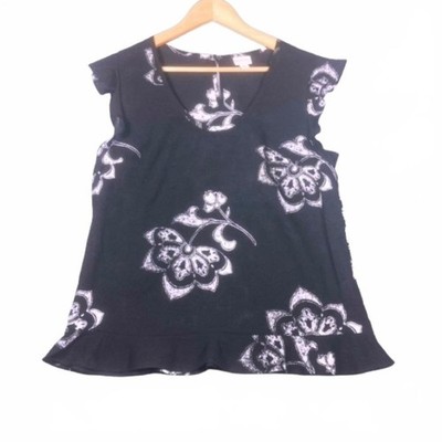 Merona Black White Floral Ruffle Sleeve V-Neck Keyhole Back Blouse Medium