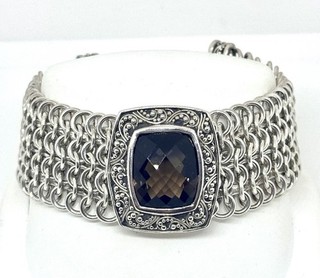 Lois Hill Sterling Silver Bracelet with Cushion Cut Checkerboard Smoky Quartz