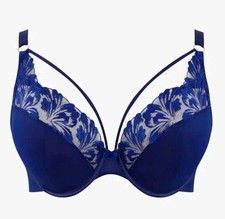 Sculptresse by Panache Jaida Plunge Bra 34FF Strap Mesh Lace Floral Cobalt Blue