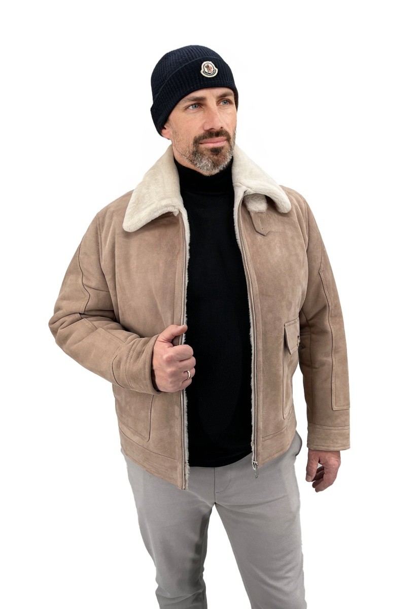 Herren Lammfelljacke Gregor Beige Echtleder warme Winterjacke
