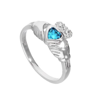 Sterlingsilber & Aquamarin CZ Kristall März Geburtsstein Claddagh Ring 48 - 63