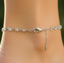 925 Silver Plated Modern Minimalist Chain Anklet for Women with Sparkling Cubic