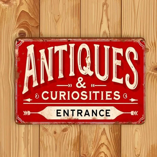 2D Vintage Red Metal Sign Antiques Curiosities Entrance Antique Shop Wall Decor
