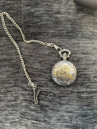Details Quartz Pocket Watch Railroad Train Motif with Chain