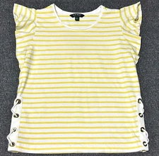 Lauren Ralph Lauren Top Womens M Nautical Cap Sleeve Yellow White Stripe Sailing