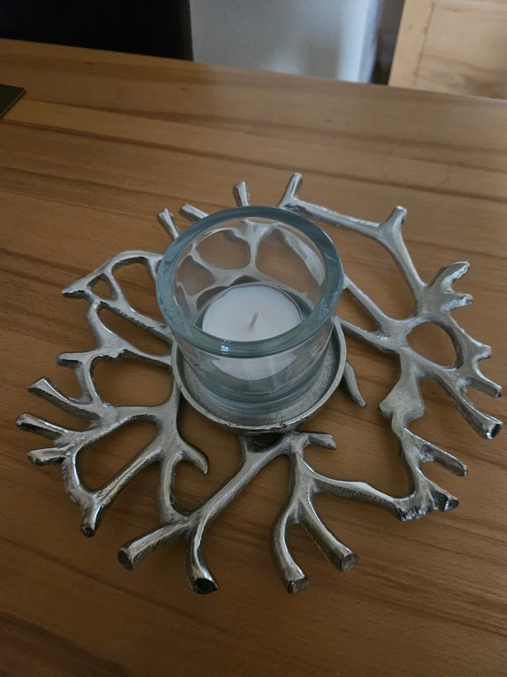 Deko Kranz / Teller  rund Metall mit Windlicht Silber Kerzenleuchter  27 cm - Bild 2 von 4