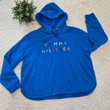 Tommy Hilfiger Blue Hooded Sweatshirt with Rainbow Letters, Size Large