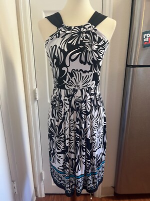 Sandra Darren Black and White Fit Flare Floral Dress Size 6 EUC | eBay