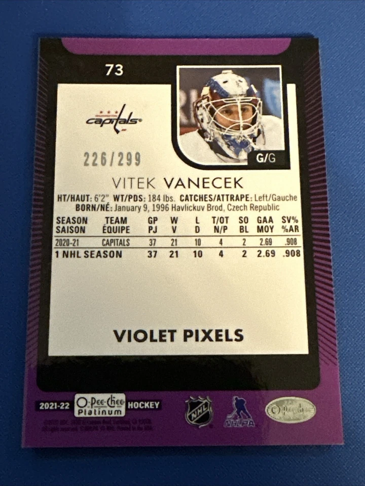 2021-22 O Pee Chee Platinum Violet Pixels 73 Vitek Vanecek Washington Capitals - Image 2 of 2