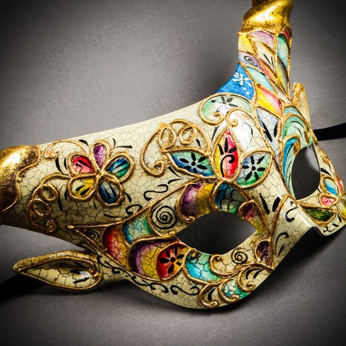 Krampus Gold Horn Crackle Venetian Devil Women Masquerade Party Mask White Gold - Picture 3 of 6