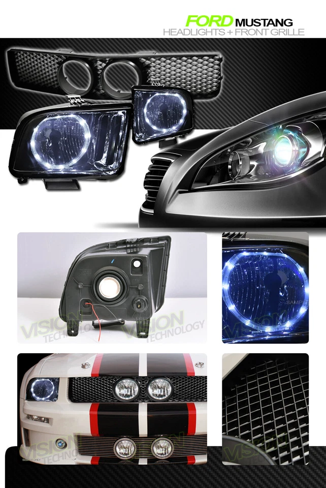 Smoke Drl LED Halo Headlights Nb+Matte Black Mesh Grille For 05-09 Mustang GT - Image 2 of 2