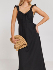 SIMPLY BE LADIES BLACK SHIRRED BACK TIE FRONT LINEN SLIP DRESS NEW (ref 273 SALE