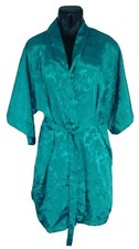 Vintage Inner Most Small Satin Teal Green Floral Print Kimono Robe Tie Belt Loop