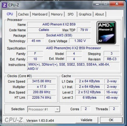 AMD Phenom II X2 B59 3.4 GHz HDXB59WFK2DGM 533 MHz CPU Processor AM3 - Image 3 of 4