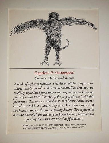 LEONARD BASKIN Gehenna Press Original Limited Edition Broadside CAPRICES