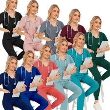 Stretch Scrub Women Short Sleeve Top Cargo Jogger Pant Medical Nurse Uniform