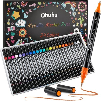 Ohuhu Metallic Marker Pens Brush Tip 24 Color Set Brush Type and Fine Tip 1-4mm