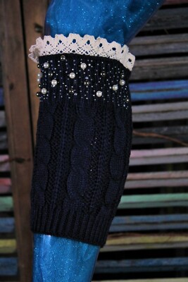 Rhinestone Boot Toppers Knit with Crochet Lace Top  Leg Warmers Assorted Colors 