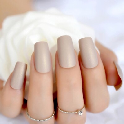 Matte Beige Nails Medium Square Press On Nails Glue On False