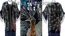 Silk Velvet KIMONO Opera Coat Duster Beaded Black Multi Peacock Maya Boutique