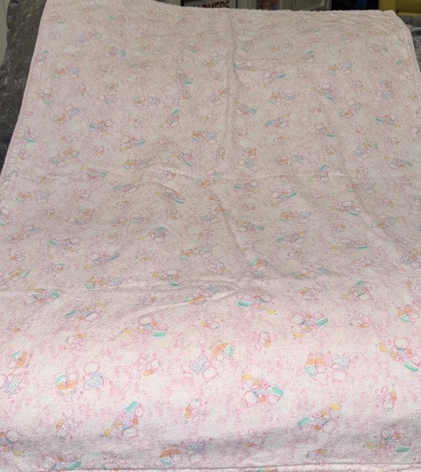 Vintage Pink Baby Blanket Waffle Weave Cats Carriage Bath Duck 39” X 28” HTF - Image 4 of 4