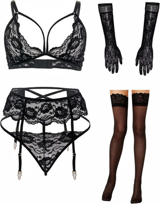 Seductive Lingerie Set with Stockings, Gloves & Eye-Mask for Women