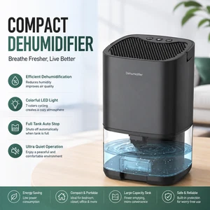 Mini Dehumidifier 1000ml Portable Quiet Moisture Absorber Night Light Black