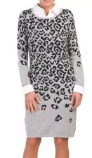 Cynthia Rowley Sweater Dress Womens Medium Gray Leopard Print Shirt Collar New