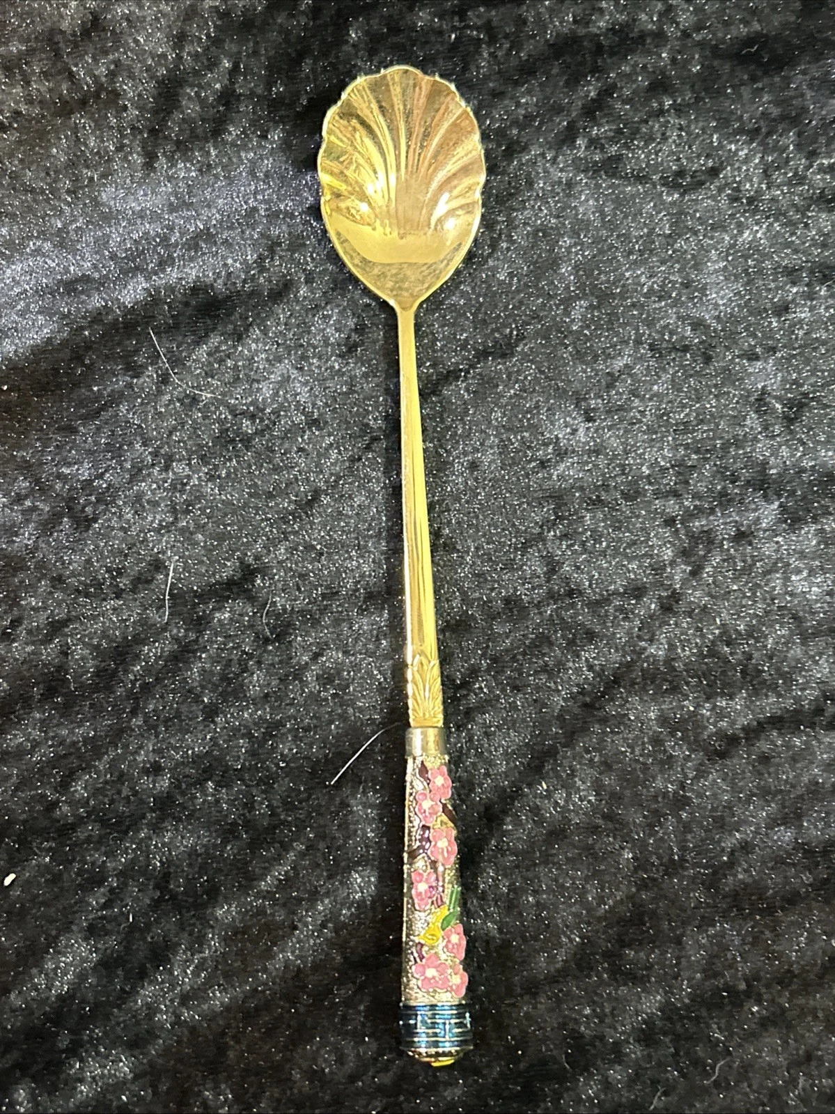 Korean Cloisonne 24K Gold Plated w/Pink Blossoms Scalloped Serving Spoon 6 3/4"