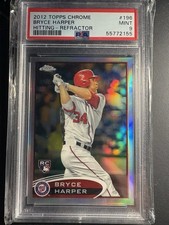 2012 Bryce Harper Topps Chrome Hitting Refractor #196 RC Rookie Card PSA 9 MINT. rookie card picture