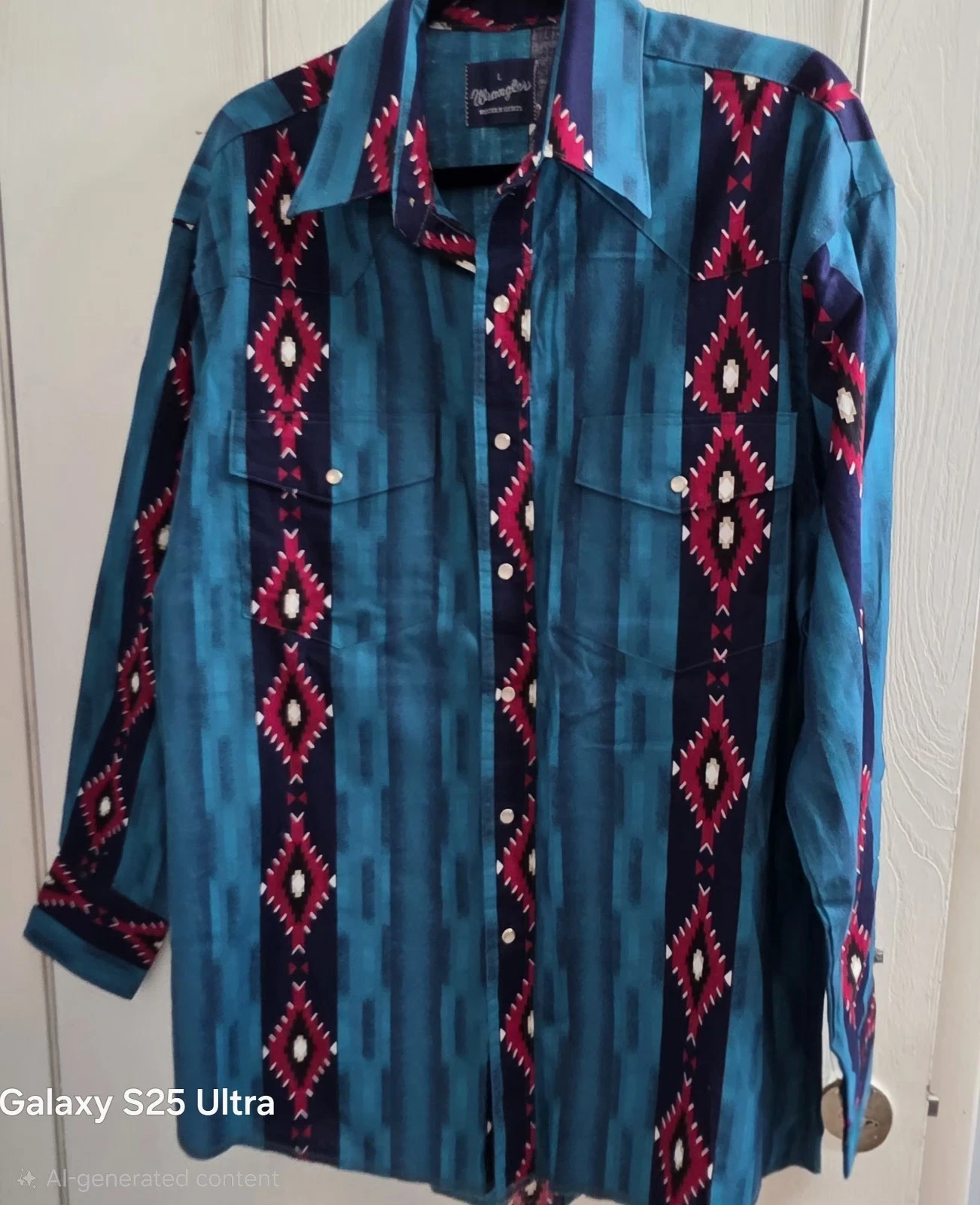Vintage Wrangler Shirt Men's L Southwestern Aztec Teal Pearl Snap Cowboy Cotton
Opens in a new windo