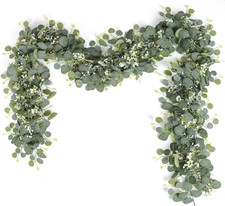 2-Pack Faux Eucalyptus Garland with White Flowers, 5.9 Ft Each