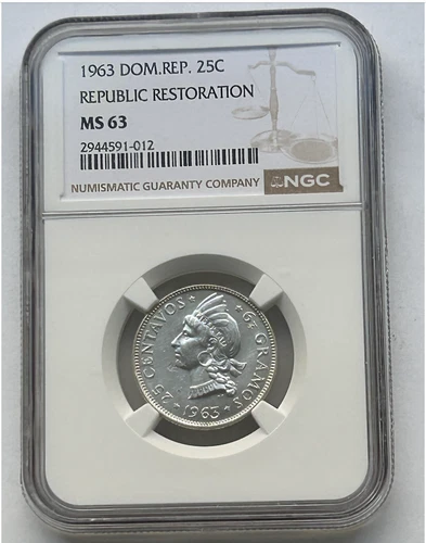 DOMINICAN REPUBLIC SILVER  25 CENTAVOS 1963 MS 63 NGC