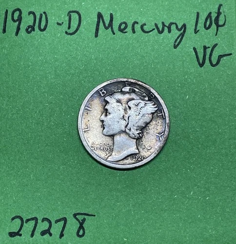 1920-D Mercury Dime 10c Vg Very Good 90% Silver