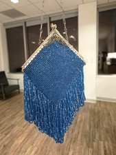 Antique 1920s Art Deco Cobalt Blue Beaded Purse Flapper Fringed Evening Bag Silk