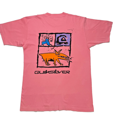 Vintage 90s Quiksilver Graphic T-Shirt L Pink Short Sleeve Surf