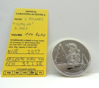 2019 NIUE 2 DOLLAR PURE SILVER COIN/OUNCE "MICKEY MOUSE" WEIGHT 31.2 GR.