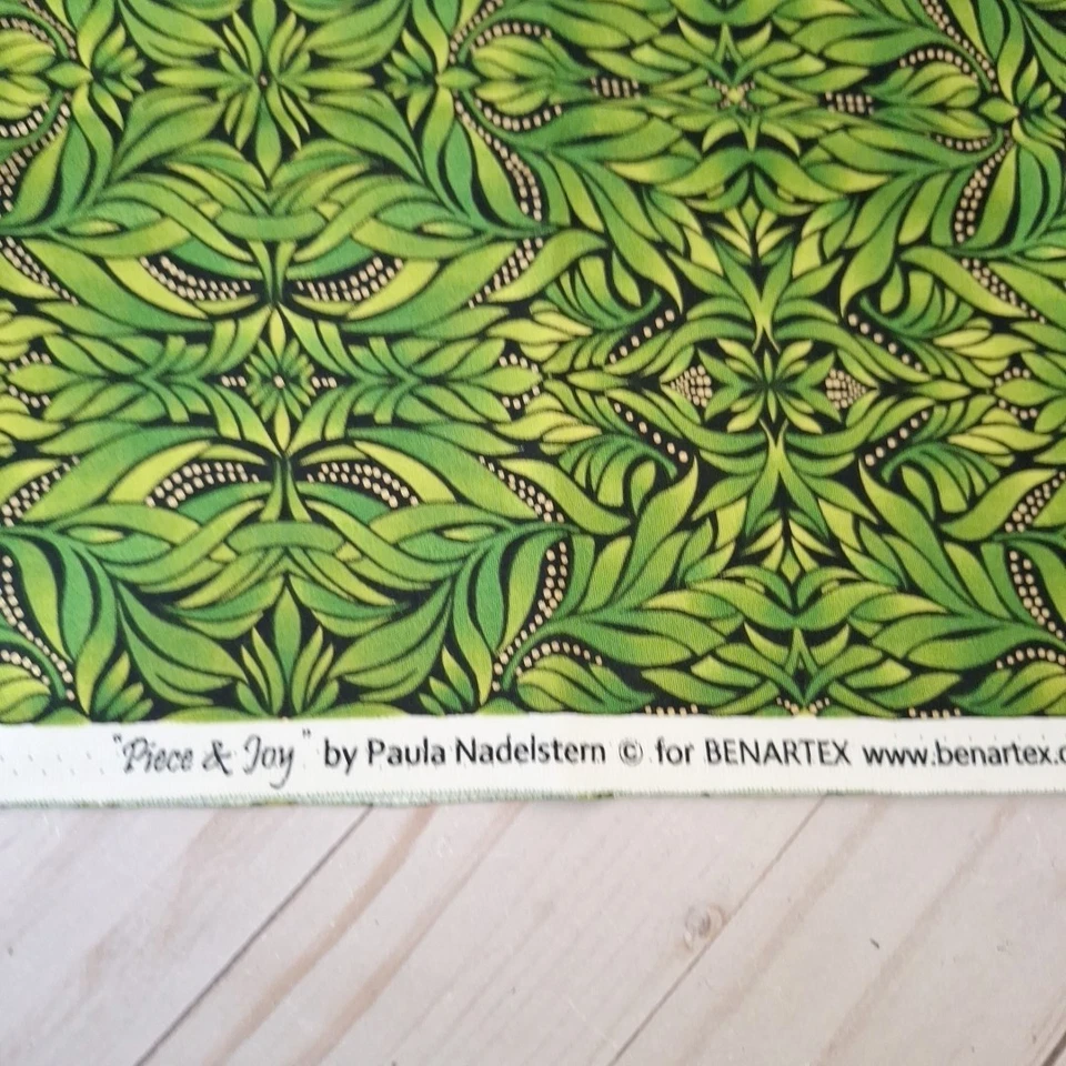 Peace & Joy Paula Nadelstem Benartex Cotton Fabric Green Black Gold 1 yard - Image 2 of 2
