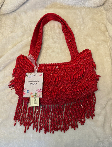 Handmade India Red Beaded Fringe Small Top Handle Bag Lined Snap Closure Floral